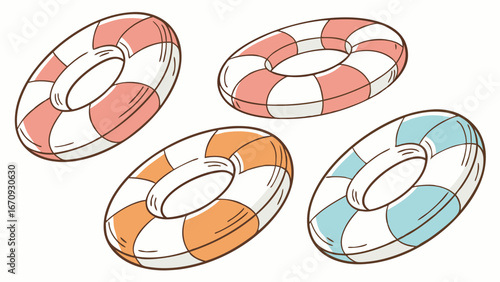 Cartoon illustration of colorful inflatable rings summer beach pool water holiday vacation design element graphic clipart.