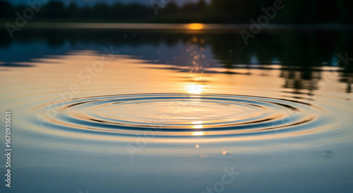 Fototapeta Naklejka Na Ścianę i Meble -  Water ripples spreading on a lake surface at sunset creating concentric circles of light and shadow
