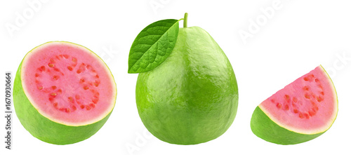 Guava isolated. Collection of whole, halves and pieces of guava on transparent background.