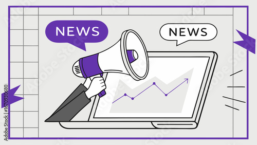 Announcing News via Megaphone on Tablet with Growth Chart Illustration.