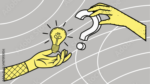 Conceptual illustration Idea vs Question problem-solving innovation solution choice decision creativity brainstorming hand drawn style.