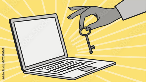 Laptop Computer Security Key Access Digital Privacy Online Protection Data Safety Hand Holding Key Above Laptop Technology Illustration Cybersecurity Concept Abstract Graphic Vector Illustration Mode.