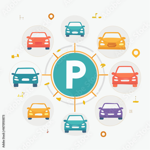 Flat vector parking and car icon set with vehicles and transport symbols. Great for maps, navigation, and automotive projects.