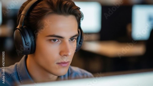 Young Man Wearing Headphones Working on Computer.