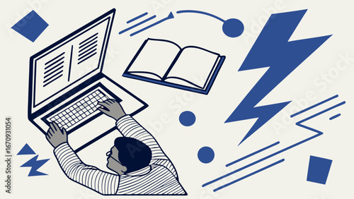 Illustrative Vector Graphic of Person Working on Laptop with Book and Abstract Design Elements.