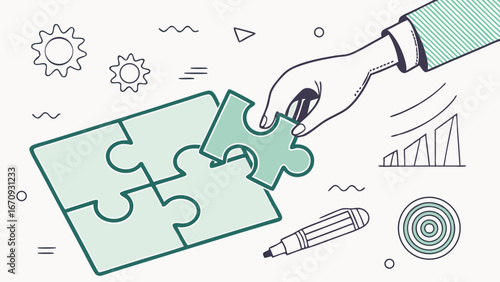 Hand placing puzzle piece solution teamwork strategy success business concept illustration.