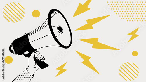 Hand holding megaphone announcement marketing promotion communication loud speaker vector illustration graphic design abstract background bold design modern art advertising business concept social me.
