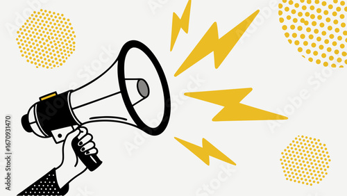 Hand holding megaphone announcement marketing advertising loud speaker communication promotion vector illustration graphic design social media digital art bold modern trendy graphic announcement mess.