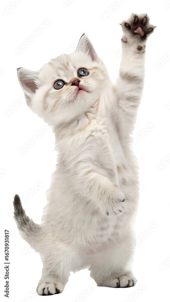 Fototapeta premium Adorable playful kitten standing on hind legs reaching up with a paw looking curious with big blue eyes against a plain background perfect for pet adoption promotions or cute animal content
