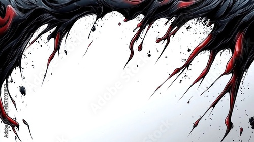 Abstract design featuring black and red fluid shapes on a white background.