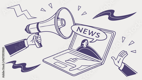 Online News Announcement Laptop Megaphone and Hands Illustration.