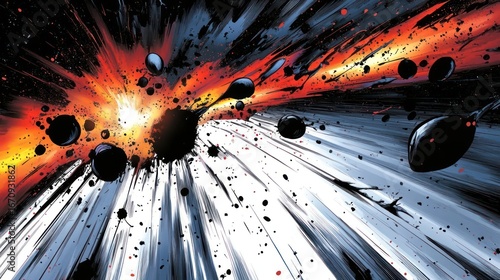 An explosive cosmic scene depicting a burst of energy and celestial bodies in motion.