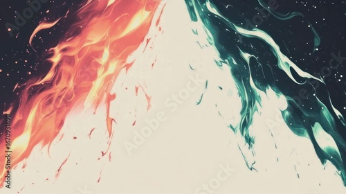Abstract representation of fire and water blending at a central point.