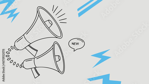 Two Megaphones Announcing New Product or Service Announcement Banner Design Illustration.