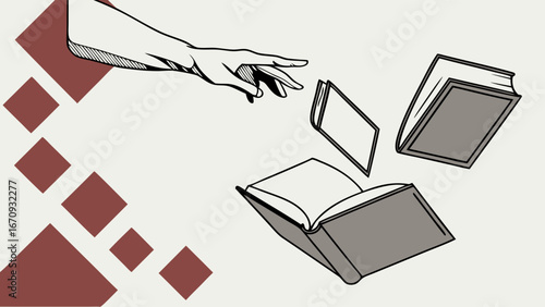 Hand Reaching for Flying Books Abstract Education Concept Illustration.