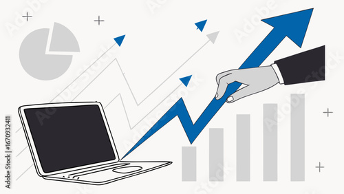 Laptop screen with rising graph hand adjusting upward trend business growth success technology financial chart data analysis progress increase development improvement marketing investment strategy pl.