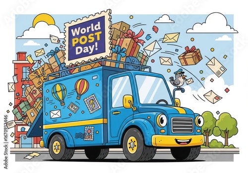 Colorful Cartoon Delivery Truck Celebrating World Post Day with Flying Mail Envelopes and Gifts
