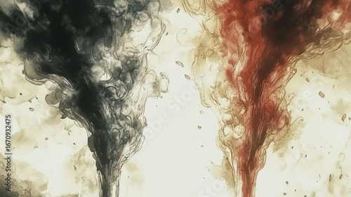 Abstract illustration of swirling black and red smoke, evoking contrast and tension.