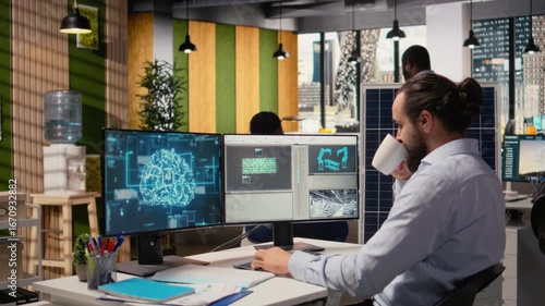 Wallpaper Mural Sustainability RD professional uses AI tech to design production lines for solar panel assembly. Technician uses artificial intelligence to enhance solar cells, improving clean energy output, camera A Torontodigital.ca