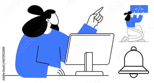 Person pointing at computer screen, developer holding code block, bell icon. Ideal for teamwork, software development, notifications, UX design, coding, learning simple landing page