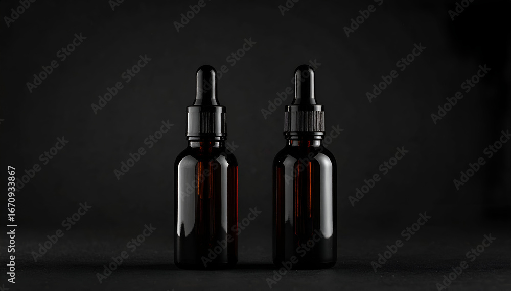 Naklejka premium Two amber dropper bottles on a minimalist black background. Ideal for beauty, cosmetic, CBD, or pharmaceutical product mockups and advertising.