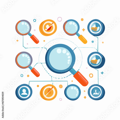 Flat vector search icon set with magnifying glasses and abstract find symbols. Clean professional design for apps and websites.