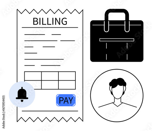 Billing receipt featuring payment button, shopping bag, user icon, and notification bell. Ideal for finance, e-commerce, digital shopping, billing, transactions payment reminders customer service