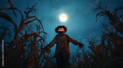 A scarecrow with a pumpkin head stands in a cornfield under a full moon at night time halloween halloween art