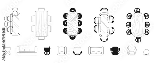CAD drawings. The collection is an image of the outlines of dining tables and chairs. Suitable for interior design and architectural projects
