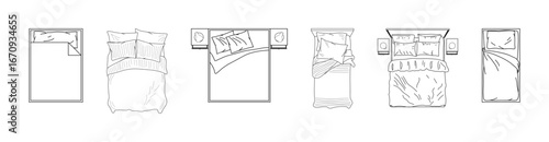 CAD drawings. Collection of images of bed shapes. View from above. Suitable for interior design and architectural projects