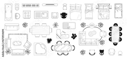 Furniture outline top view. Floor plan icons set for design interior and architectural project. Furniture collection. CAD drawings
