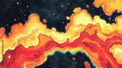 Abstract representation of cosmic colors with vibrant reds, yellows, and deep blacks.