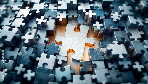 Puzzle pieces forming a maze, aerial view, complexity symbol.