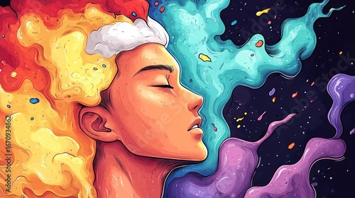 A colorful illustration of a serene face with vibrant, swirling colors representing thoughts.