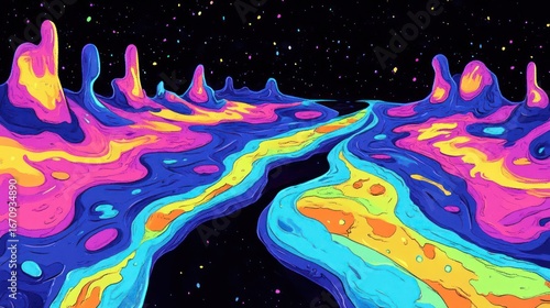 A vibrant, surreal landscape featuring colorful rivers and peaks against a starry background.