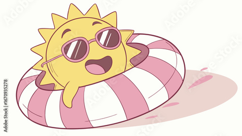 Cartoon Sun Character in Inflatable Ring Summer Fun Illustration Cute Design for Kids Beach Theme Vacation Graphic.