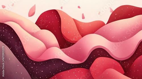 Abstract waves in shades of red and pink with a textured appearance.