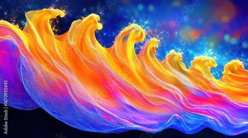 A vibrant, abstract representation of colorful waves with sparkles and flowing textures.