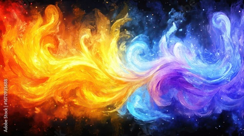A vibrant swirl of colors representing fire and ice, blending in a cosmic background.