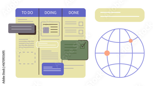 Kanban-style task board divided into To Do, Doing, and Done columns beside globe representing connectivity. Ideal for project management, collaboration, productivity, workflow, teamwork, planning