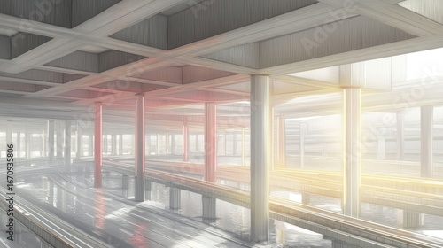A spacious, modern interior with light streaming through, highlighting structural elements.