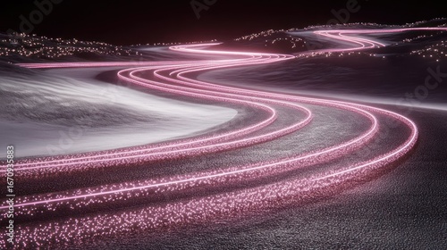 A winding road illuminated by pink lights, set against a dark, snowy landscape.