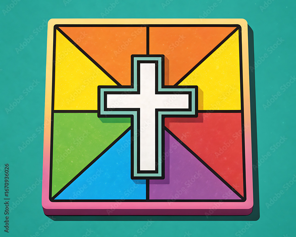 Obraz premium White cross on rainbow color background, symbol of faith and LGBTQ+ community.