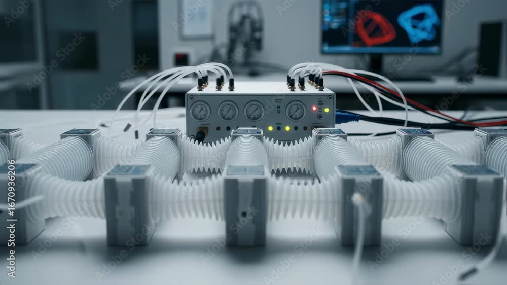 Array of modular soft actuators connected to a central pneumatic ...