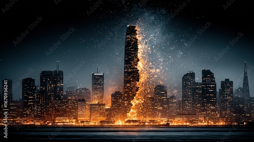 Fototapeta premium A city skyline with a tall building engulfed in flames and smoke.