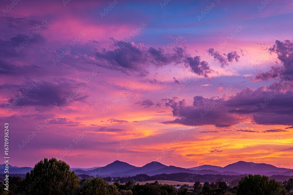 Obraz premium Vibrant sunset over rolling hills