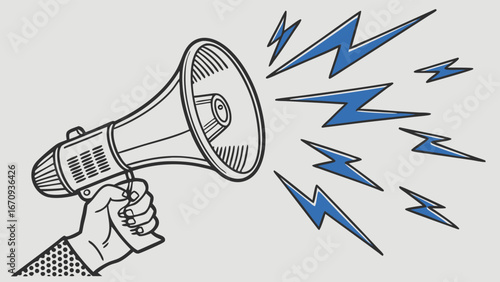 Vintage megaphone announcement hand holding bullhorn loud speaker retro style comic book bold graphic announcement news promotion marketing advertising communication message sound volume broadcast pu.