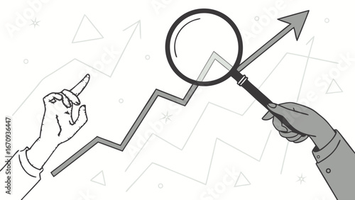 Analyzing Growth Magnifying Glass and Hand Gestures Pointing to Upward Trend Graph.