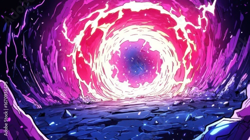 A vibrant portal surrounded by rocky terrain, suggesting a fantastical or cosmic theme.