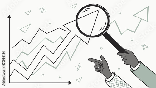 Analyzing upward trend graph with magnifying glass and pointing hand illustration business growth concept financial success data analysis investment strategy market research economic progress progres.